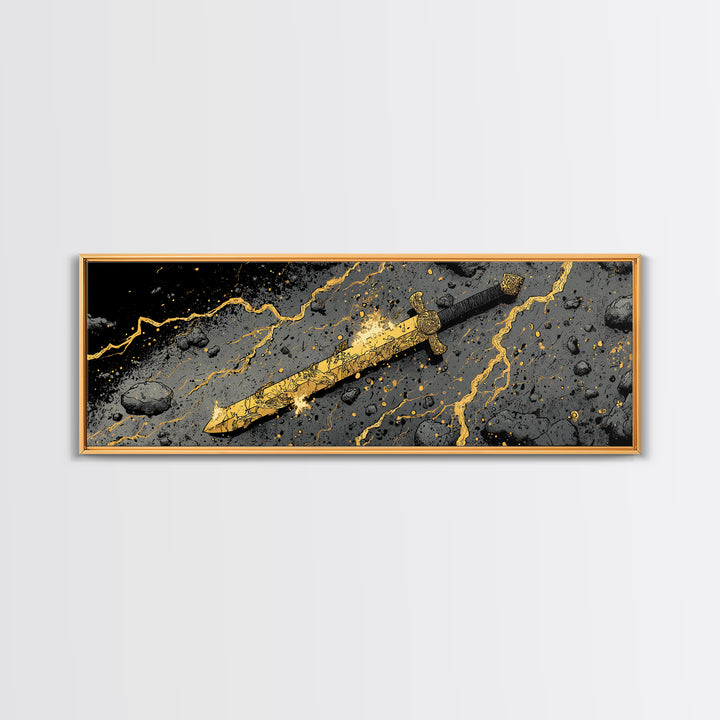 Ancient Norse Blade Canvas Gold Art Canvas Art Viking Decor with natural wood framing, Office Wall Art or Man Cave Gift