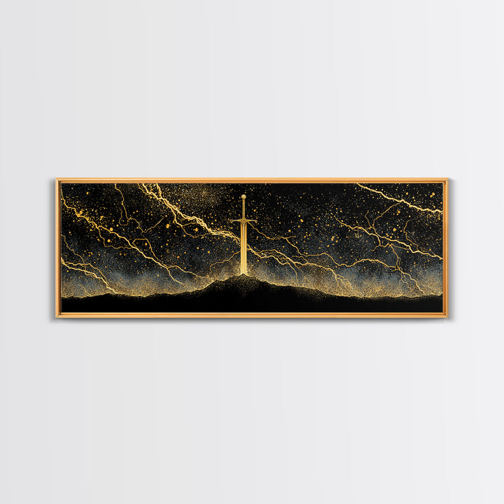 Mythic Sword of the Gods Canvas Gold Art Nordic Wall Decor Canvas Art framed in real wood, perfect Man Cave or Dad Gift
