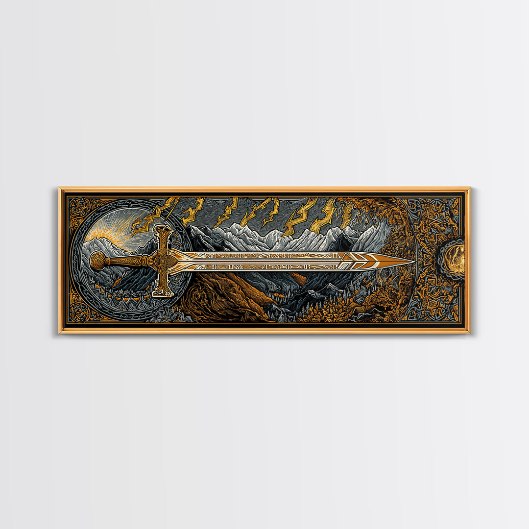 Norse Ornate Sword Canvas Gold Art Canvas Art Viking Mythology Wall Decor with real wood frame, Office Art for Men