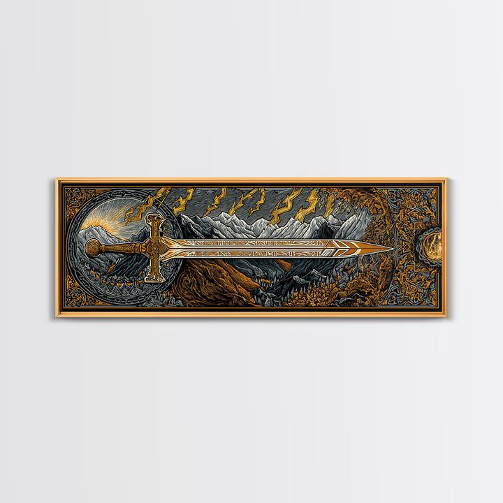 Norse Ornate Sword Canvas Gold Art Canvas Art Viking Mythology Wall Decor with real wood frame, Office Art for Men