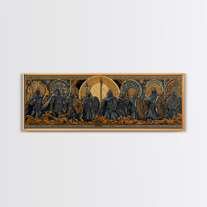 Einherjar Warriors Canvas Gold Art Norse Mythology Canvas Art with wood framing, Viking Man Cave Wall Art for Dad Gift