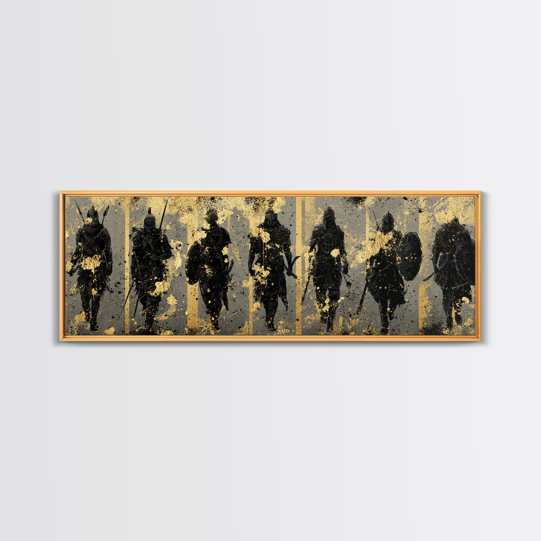 Viking Warriors Canvas Gold Art Norse Canvas Art Wall Decor framed in natural wood, perfect Office Art or Man Cave Decor
