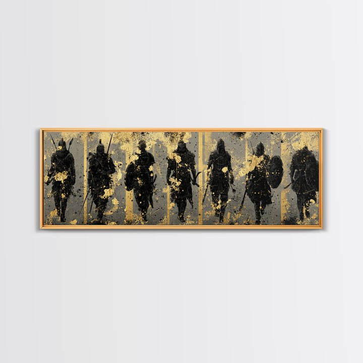 Viking Warriors Canvas Gold Art Norse Canvas Art Wall Decor framed in natural wood, perfect Office Art or Man Cave Decor