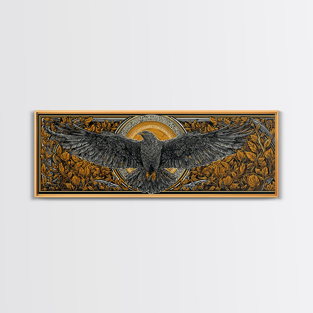 Odin’s Eagle Canvas Gold Art, Norse Mythology Canvas Art framed in real wood, Nordic Office Wall Decor, Viking Man Cave Gift