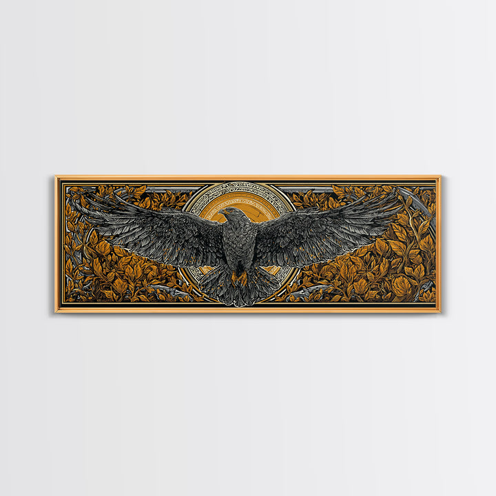 Odin’s Eagle Canvas Gold Art, Norse Mythology Canvas Art framed in real wood, Nordic Office Wall Decor, Viking Man Cave Gift