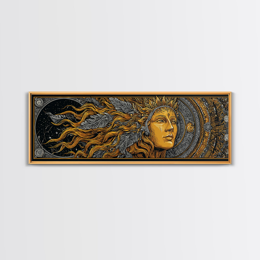 Canvas Art Canvas Gold Sun Goddess Norse Mythology Wall Decor, Nordic Office or Man Cave Art framed in natural wood