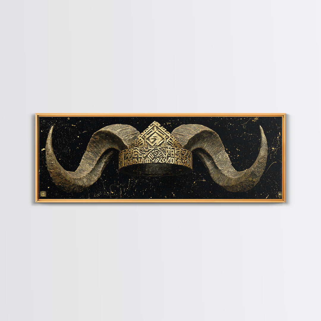 Nordic Horned Crown Canvas Gold Art, Viking Inspired Canvas Art Wall Hanging, Office Decor or Dad Gift in real wood frame