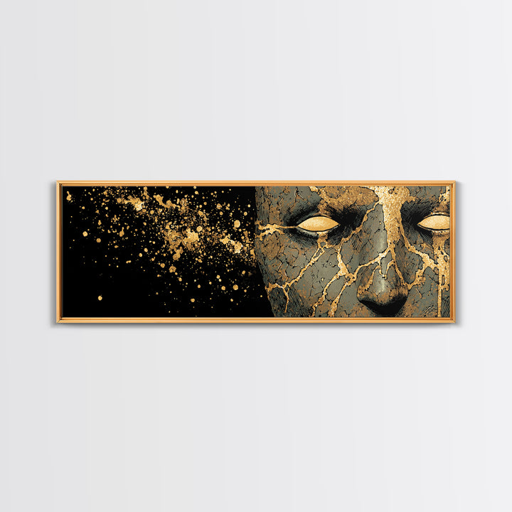 Canvas Art Canvas Gold Broken Face Nordic Mask, Norse Mythology Office or Man Cave Art, Viking Decor with natural wood frame