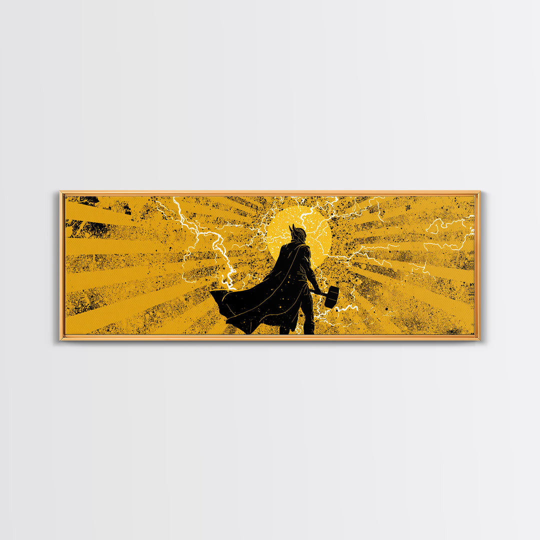 Thor Lightning Hammer Canvas Gold Art, Viking Canvas Art Wall Decor, Norse Mythology Office or Dad Gift in wood frame