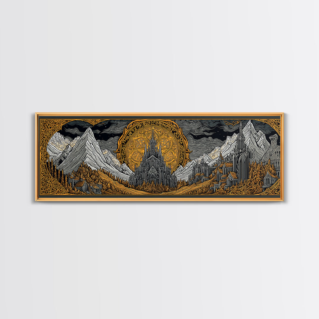 Asgard City Canvas Gold Art, Norse Mythology Canvas Art Wall Hanging, Nordic Office or Man Cave Decor framed in natural wood