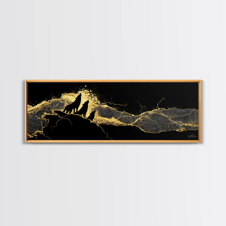 Howling Wolves Norse Canvas Gold Art Canvas Art, Nordic Mythology Office Art for Dad Gift or Man Cave, natural wood framed