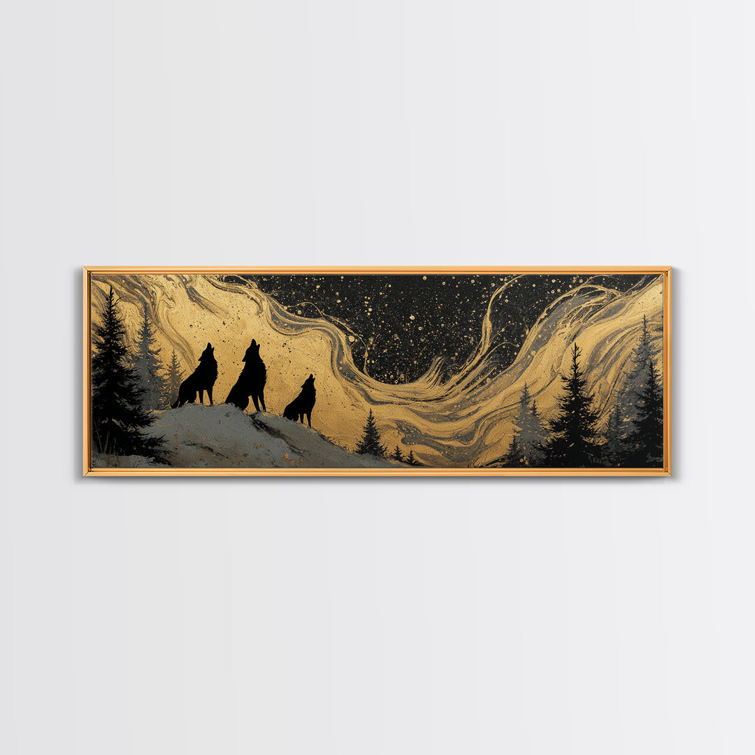 Nordic Wolves Under Stars Canvas Gold Art Canvas Art, Viking Mythology Night Sky Office Decor, framed in solid wood