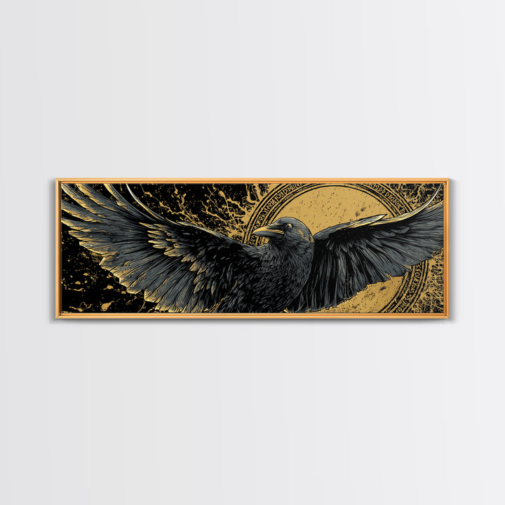Odin’s Raven Huginn Muninn Canvas Gold Art Canvas Art, Norse Mythology Office Art for Men, framed in authentic wood