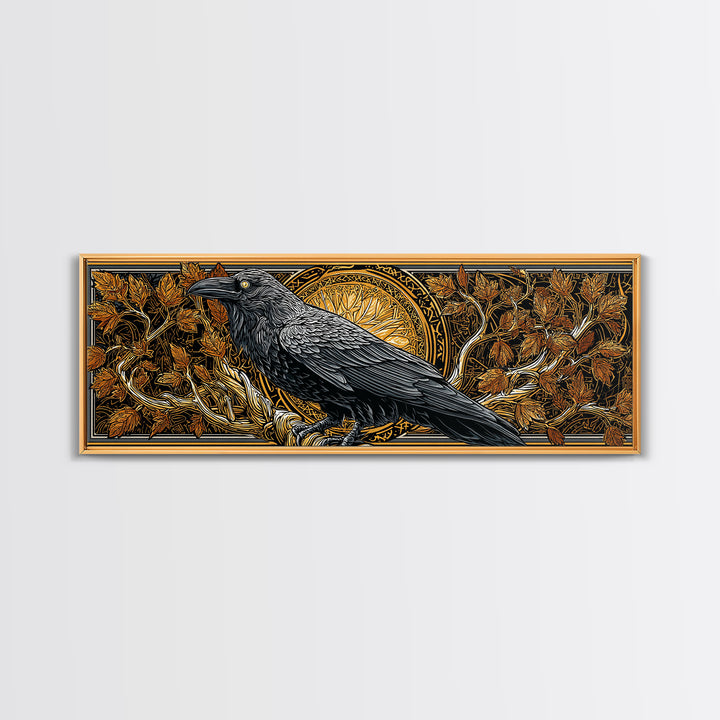 Canvas Gold Art Norse Raven Muninn Canvas Art, Viking Wall Decor framed in real wood, Nordic Mythology Office Art, Gift for Men