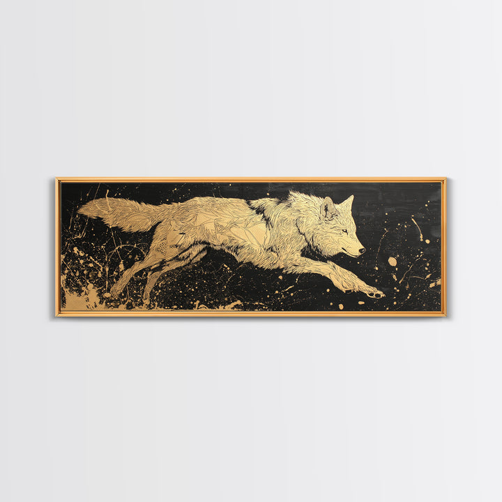 Fenrir Wolf Canvas Gold Art, Norse Mythology Canvas Art framed in natural wood, Viking Man Cave Decor, Nordic Wall Art Dad Gift