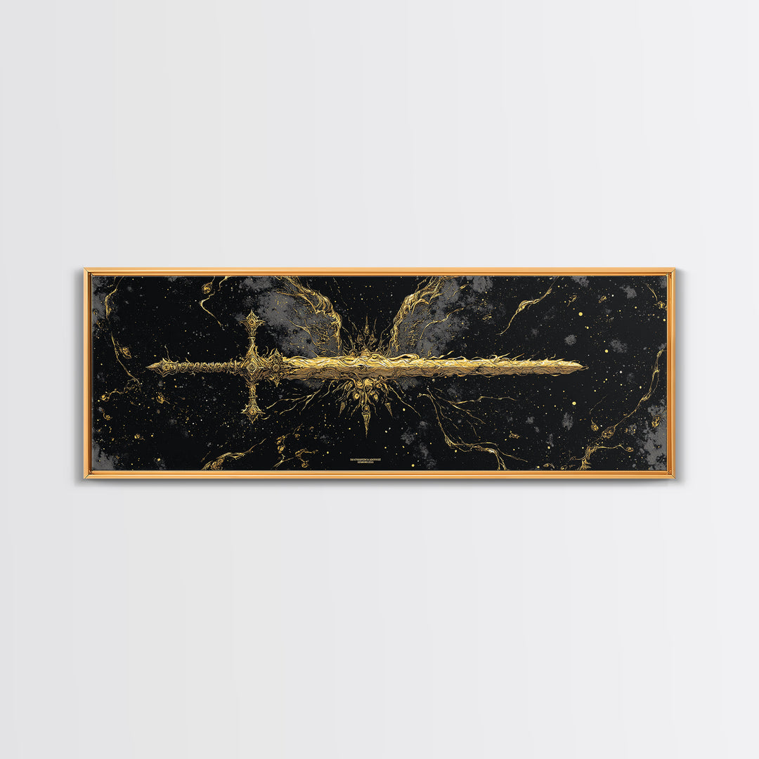 Golden Sword Canvas Gold Art, Norse Mythology Canvas Art framed in real wood, Viking Office Wall Decor, Nordic Man Cave Gift