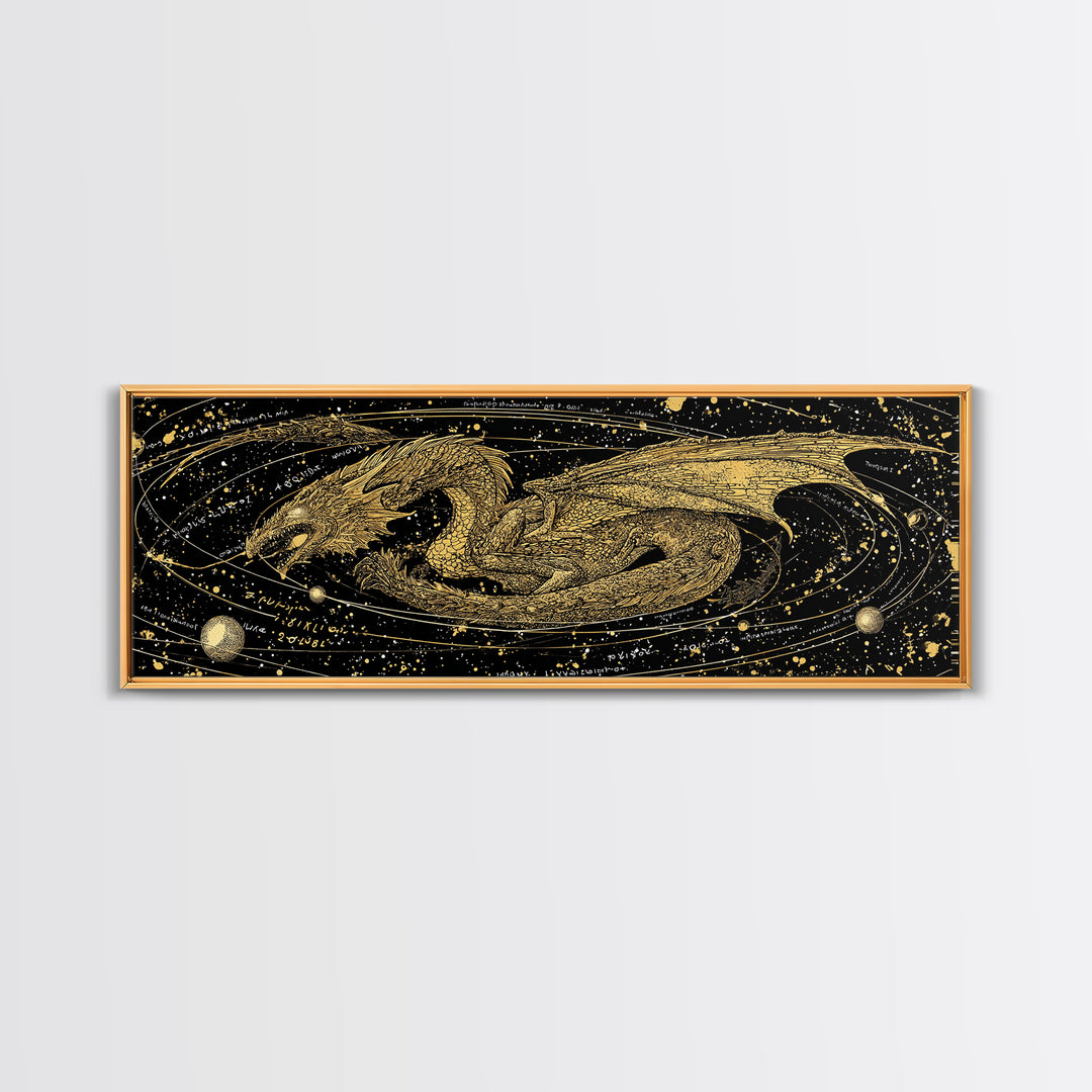 Jormungandr Dragon Canvas Gold Art, Norse Mythology Canvas Art with natural wood frame, Viking Decor for Office, Dad Gift Man Cave