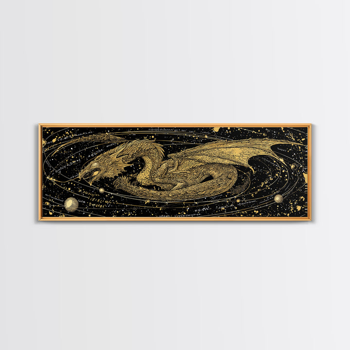 Jormungandr Dragon Canvas Gold Art, Norse Mythology Canvas Art with natural wood frame, Viking Decor for Office, Dad Gift Man Cave