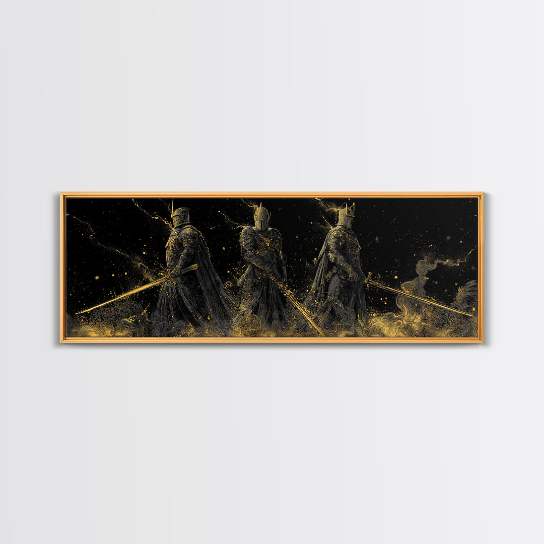 Einherjar Warriors Viking Canvas Gold Art Canvas Art, Norse Mythology Office Art Dad Gift, framed in natural wood