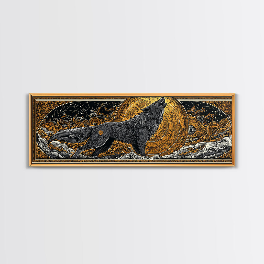 Fenrir Wolf of Ragnarok Canvas Gold Art Canvas Art, Norse Mythology Office Decor Man Cave Wall Art, with real wood frame