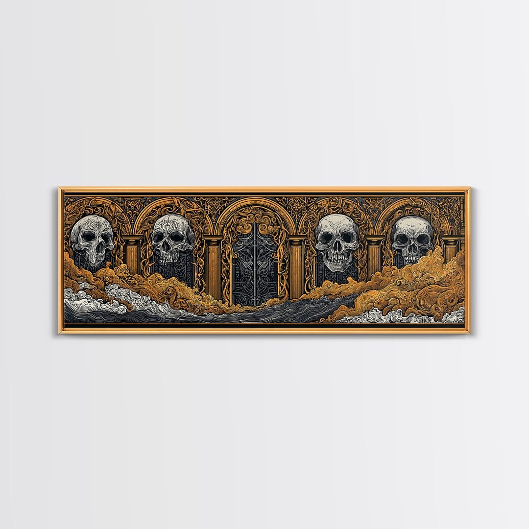 Helheim Canvas Gold Art, Norse Mythology Canvas Art with Nordic Skulls, Office Wall Decor for Men, Framed in Real Wood
