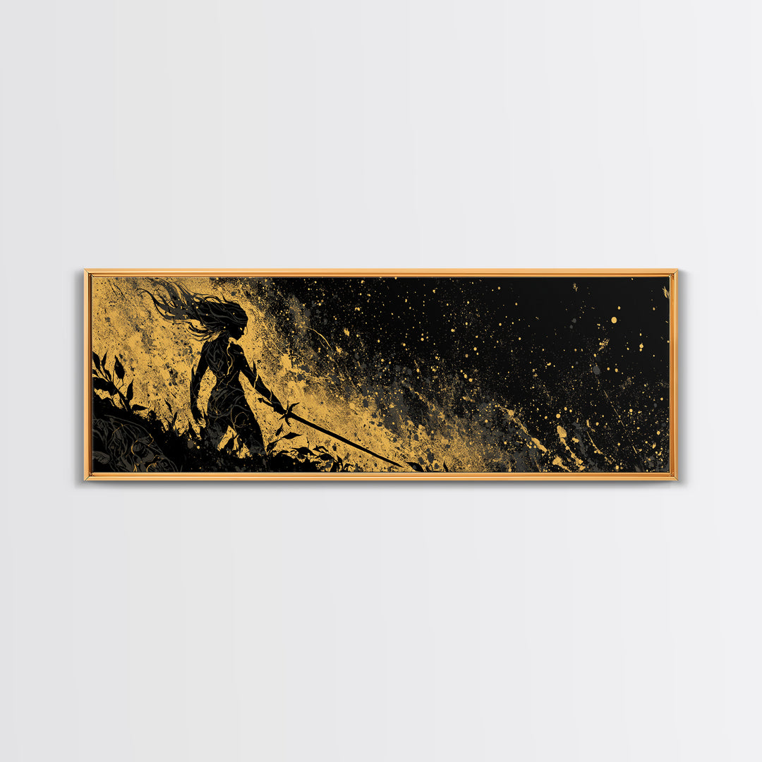 Norse Shieldmaiden Hervor Canvas Art, Canvas Gold Art for Man Cave or Office, Viking Mythology Wall Decor, Real Wood Frame