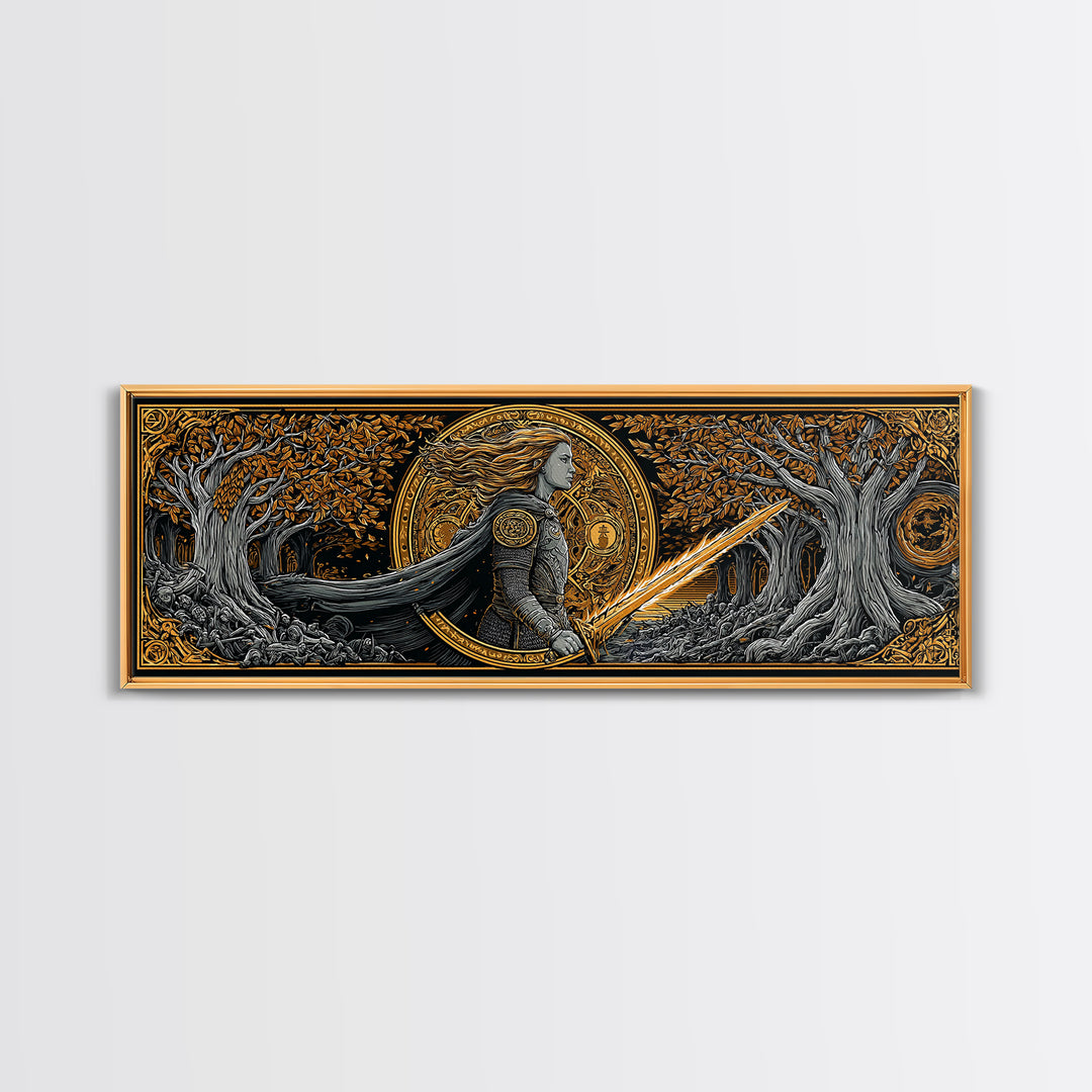 Hervor Nordic Warrior Goddess Canvas Gold Art, Mythology Inspired Canvas Art, Dad Gift or Office Art, Framed in Natural Wood