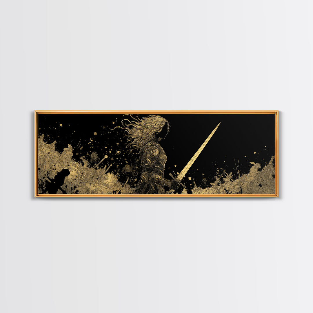 Hervor Warrior Canvas Gold Art, Viking Shieldmaiden Canvas Art, Nordic Mythology Office Decor, Natural Wood Frame Gift
