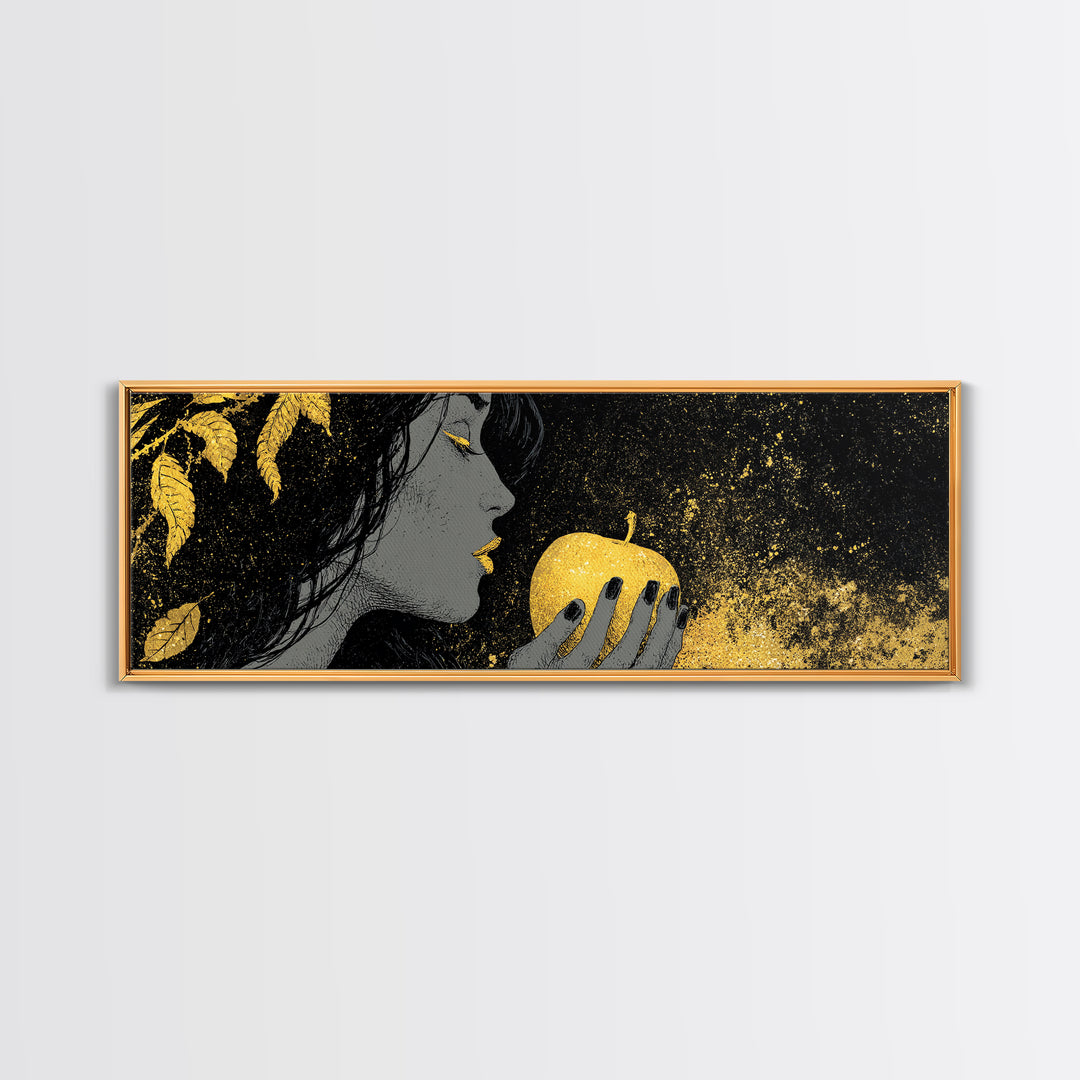 Norse Goddess Idunn Canvas Gold Art with Apple of Youth, Nordic Mythology Canvas Art, Office or Man Cave Gift, Framed in Wood