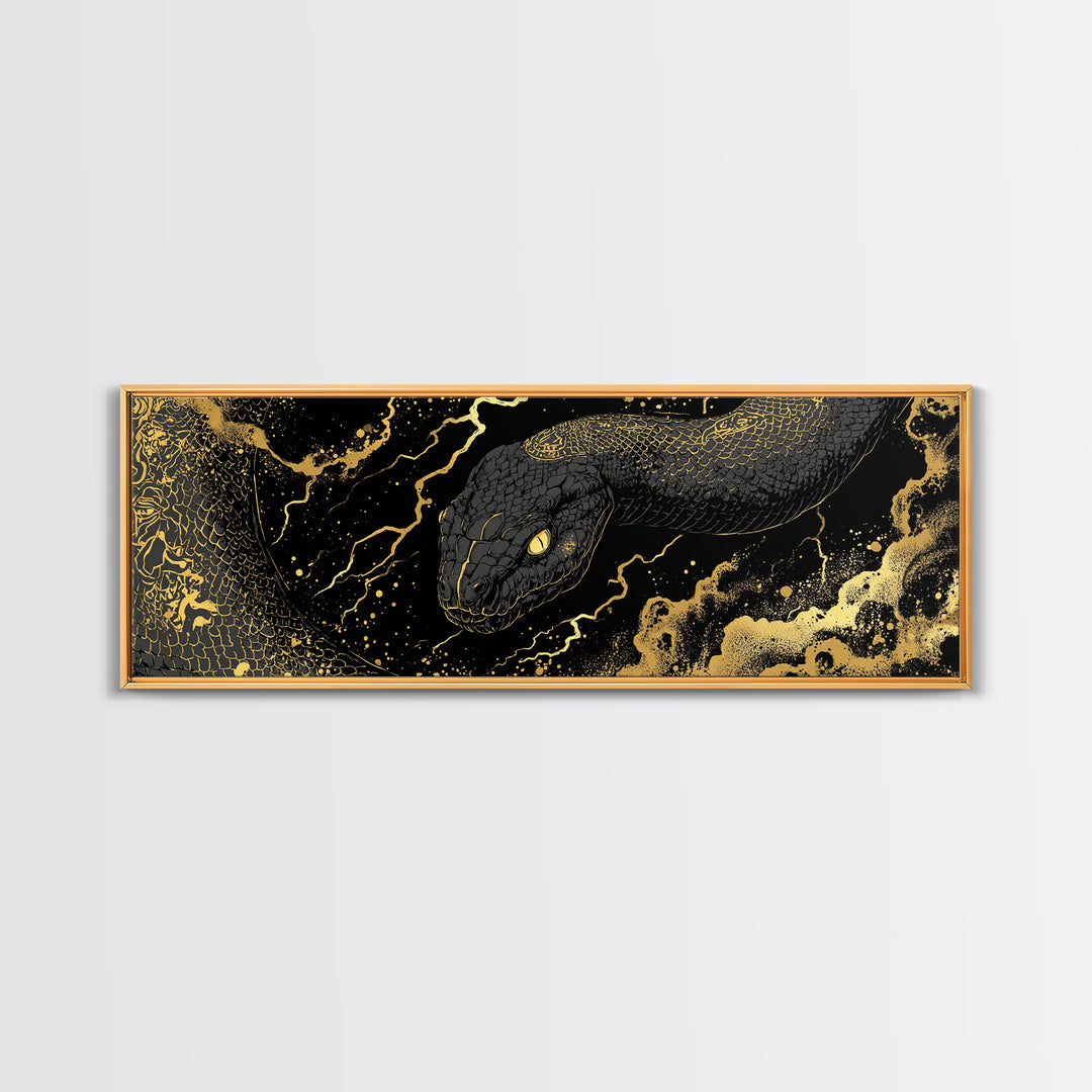 Jormungandr Serpent Canvas Gold Art, Norse Mythology Canvas Art, Viking Decor for Men’s Office or Man Cave, Real Wood Frame