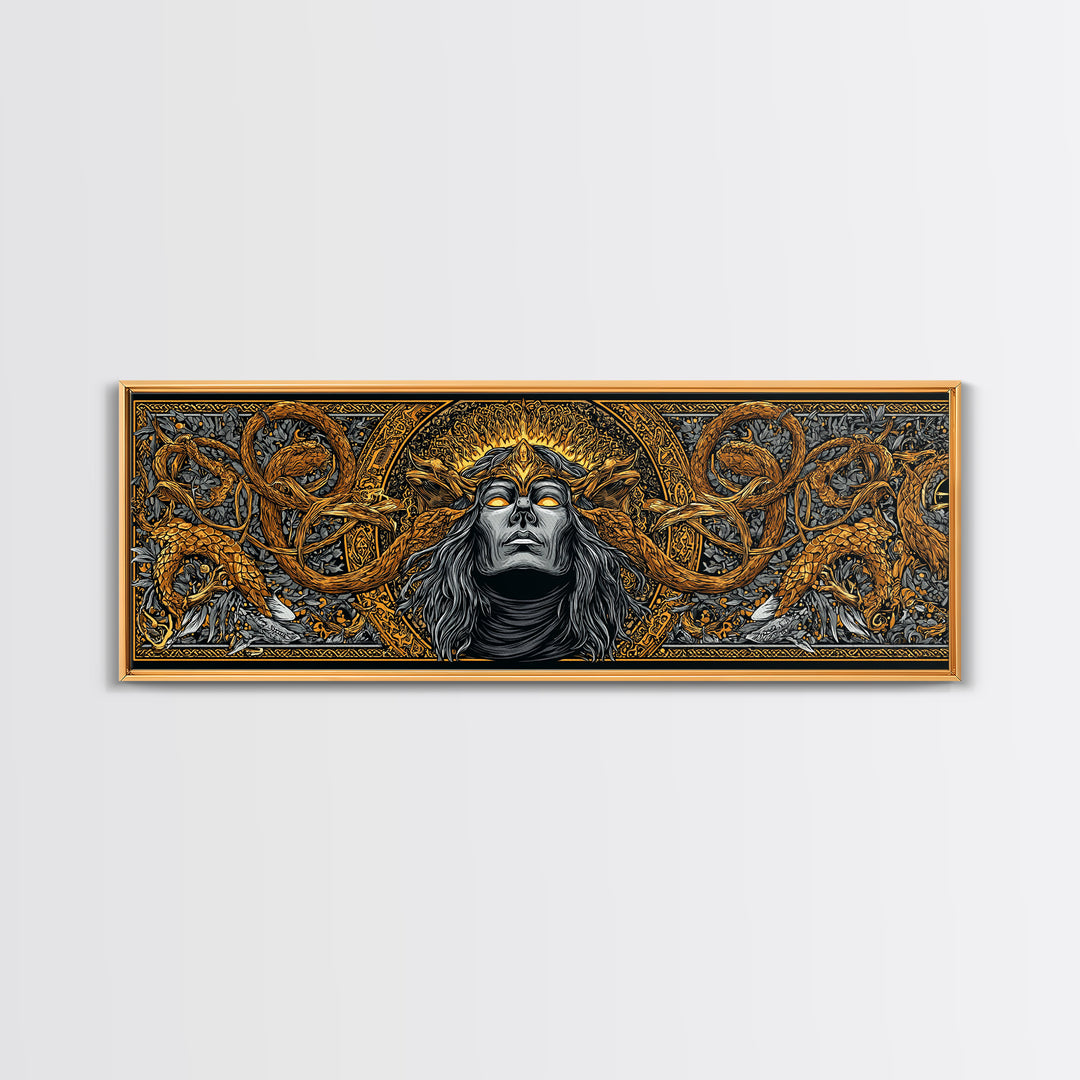Norse Trickster Loki Canvas Art, Canvas Gold Art for Viking Lovers, Nordic Mythology Office or Dad Gift, Framed in Natural Wood