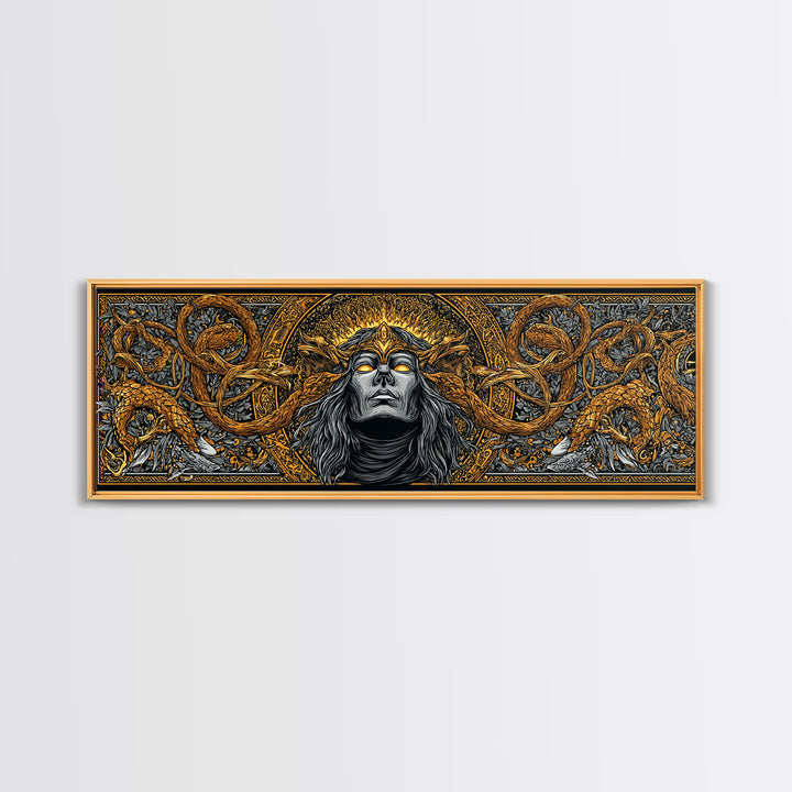 Norse Trickster Loki Canvas Art, Canvas Gold Art for Viking Lovers, Nordic Mythology Office or Dad Gift, Framed in Natural Wood
