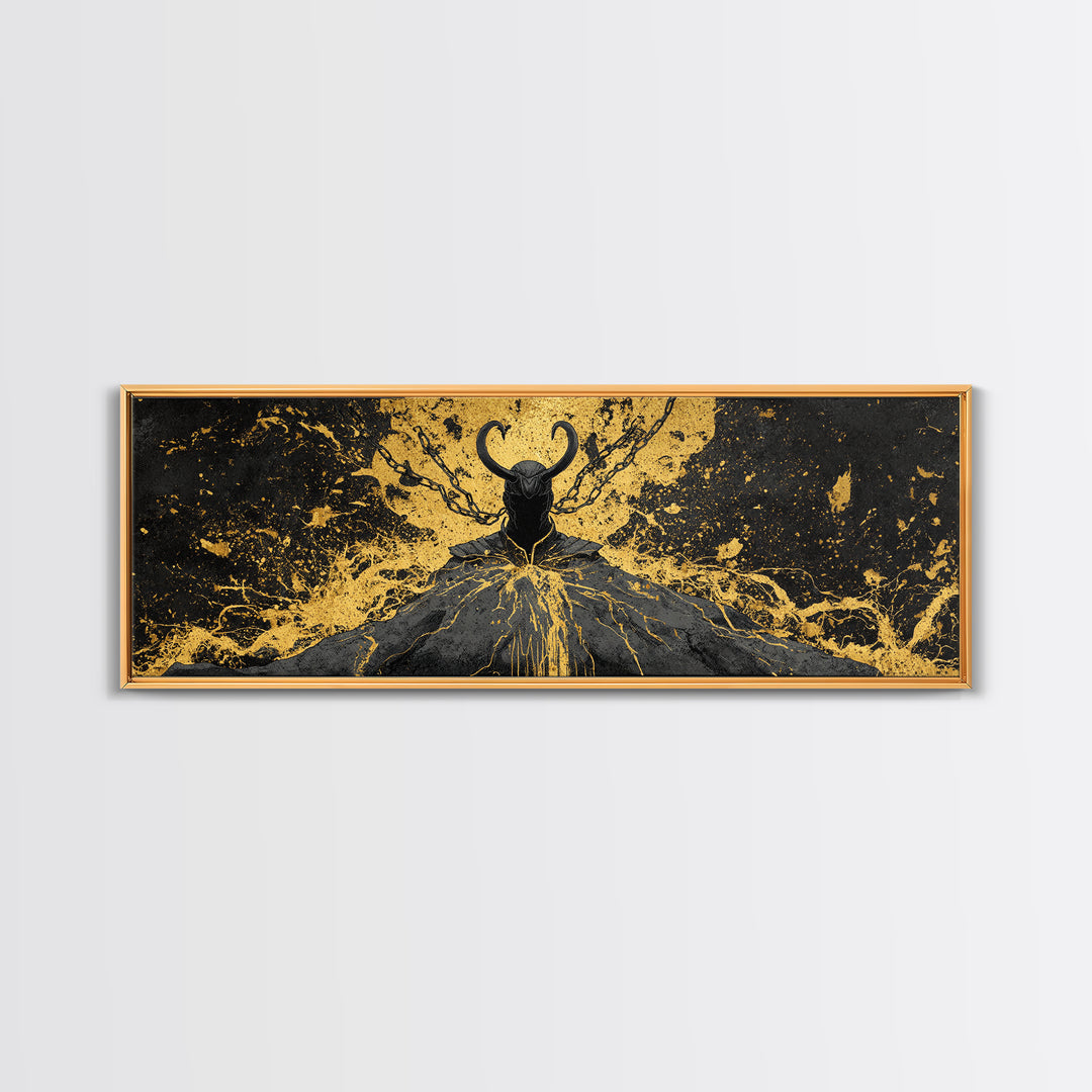 Loki God of Mischief Canvas Gold Art, Norse Mythology Canvas Art, Nordic Wall Decor for Man Cave or Office, Real Wood Frame