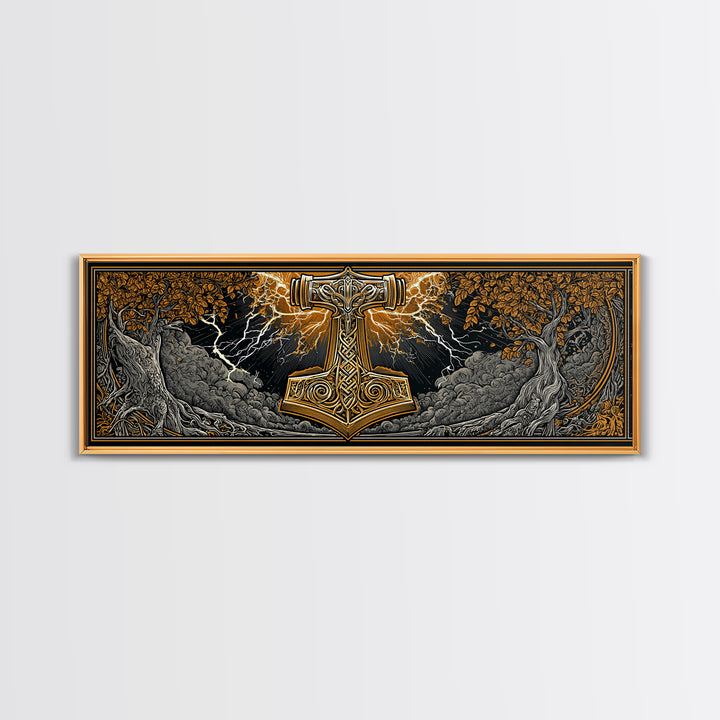 Mjolnir Canvas Gold Art Canvas Art – Thor’s Hammer Norse Mythology Wall Decor for Office or Man Cave, framed in real wood