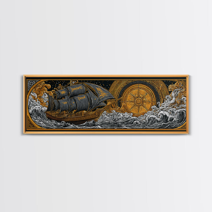 Nordic Naglfar Canvas Gold Art Canvas Art – Viking Ship at Sea, Norse Mythology Wall Decor Dad Gift, framed in genuine wood