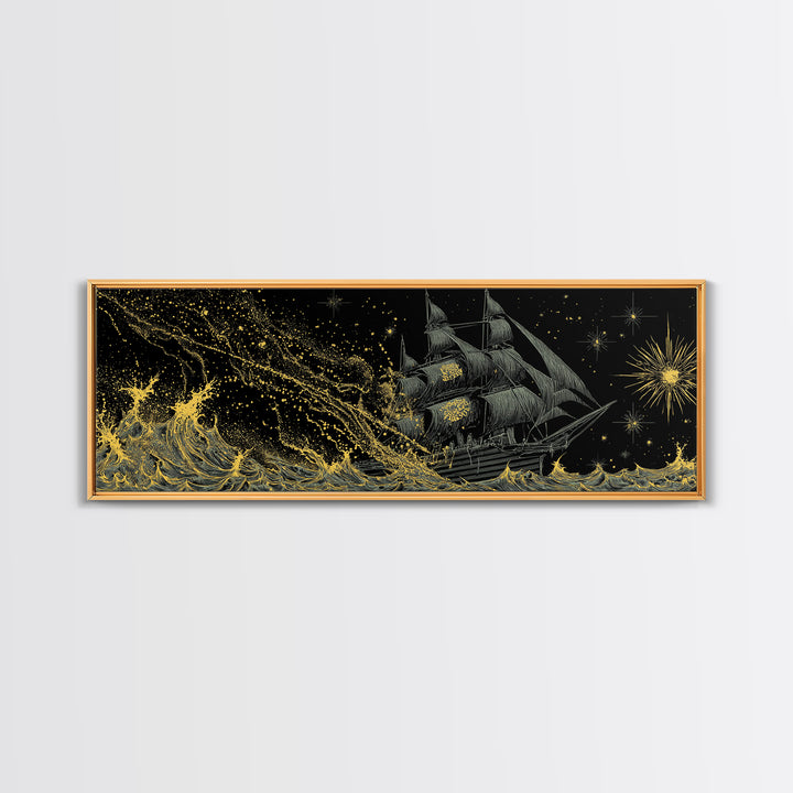 Naglfar Ship Canvas Art Canvas Gold Art – Viking Longship Norse Mythology Office Decor Man Cave Wall Hanging, real wood frame
