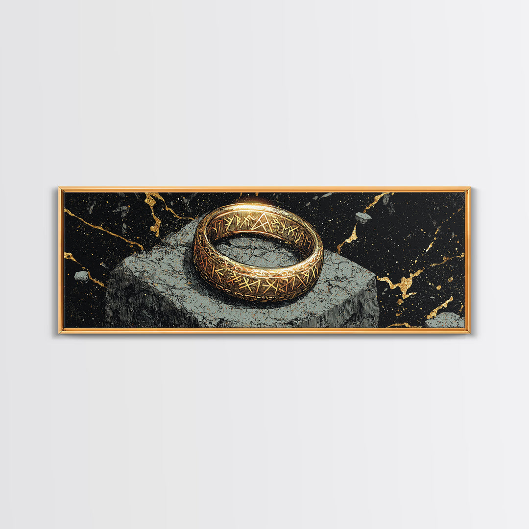 Norse Ring Canvas Gold Art Canvas Art – Nordic Mythology Jewelry Symbol, Viking Inspired Wall Decor Office Gift, natural wood frame