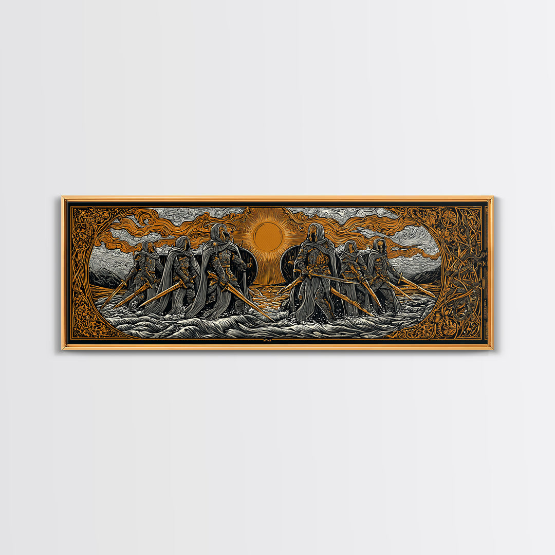 Norse Warriors Canvas Gold Art Canvas Art | Viking Battle Scene Wall Decor framed in natural wood | Man Cave or Office Gift