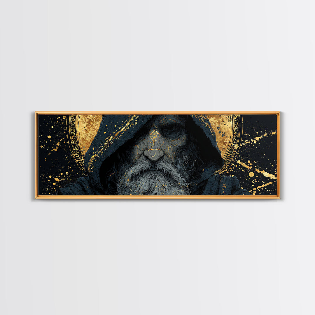 Canvas Gold Art of Odin Canvas Art | Viking God Wall Hanging framed in natural wood | Nordic Decor Gift for Men or Fathers