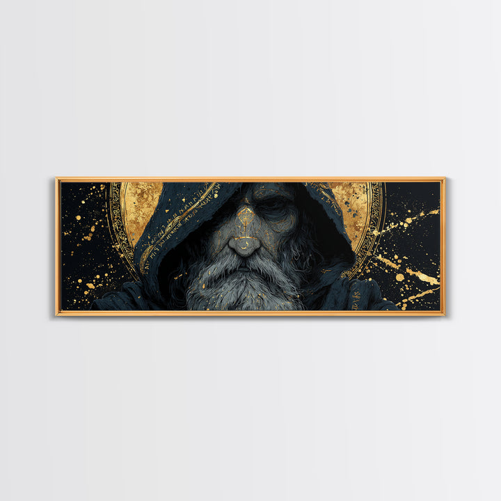 Canvas Gold Art of Odin Canvas Art | Viking God Wall Hanging framed in natural wood | Nordic Decor Gift for Men or Fathers
