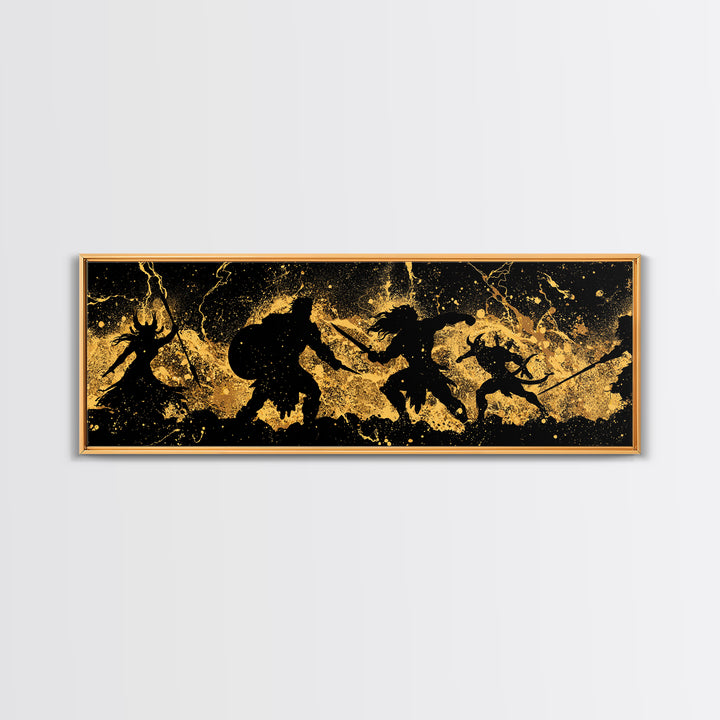 Ragnarok Nordic Myth Canvas Gold Art Canvas Art | Epic Viking Battle Scene Wall Decor with real wood frame | Office or Den Art