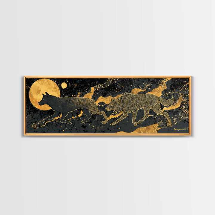 Sköll Wolf Canvas Gold Art Canvas Art | Norse Mythology Wolf of Ragnarok framed in wood | Nordic Decor for Man Cave or Office