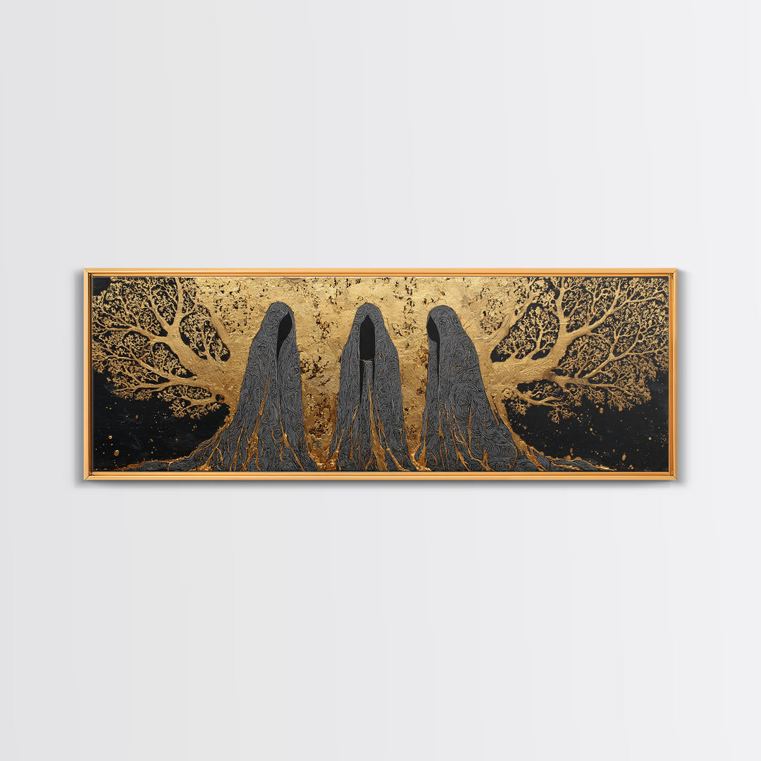 Nordic Norns Destiny Goddesses Canvas Gold Art Canvas Art for Viking Office Decor or Dad Gift, with authentic real wood frame