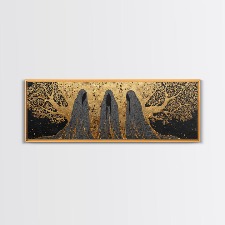Nordic Norns Destiny Goddesses Canvas Gold Art Canvas Art for Viking Office Decor or Dad Gift, with authentic real wood frame