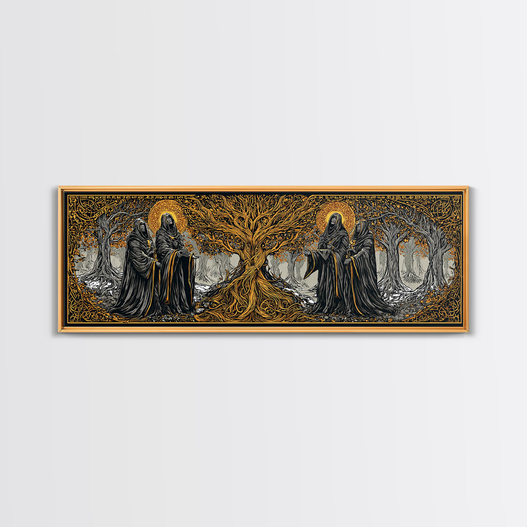The Norns Canvas Gold Art Norse Mythology Canvas Art Wall Decor for Man Cave or Office, framed in handcrafted real wood