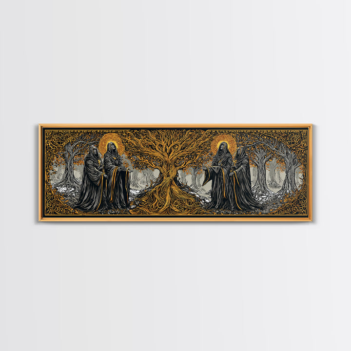 The Norns Canvas Gold Art Norse Mythology Canvas Art Wall Decor for Man Cave or Office, framed in handcrafted real wood