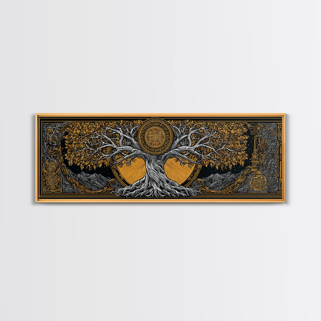 Yggdrasil Cosmic World Tree Canvas Gold Art Canvas Art Norse Decor for Man Cave or Dad Gift, with rustic real wood framing