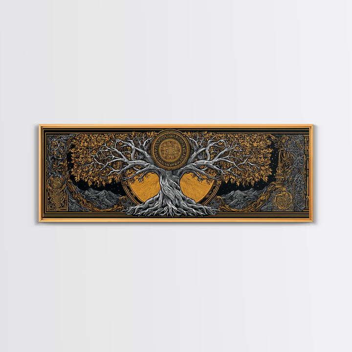 Yggdrasil Cosmic World Tree Canvas Gold Art Canvas Art Norse Decor for Man Cave or Dad Gift, with rustic real wood framing