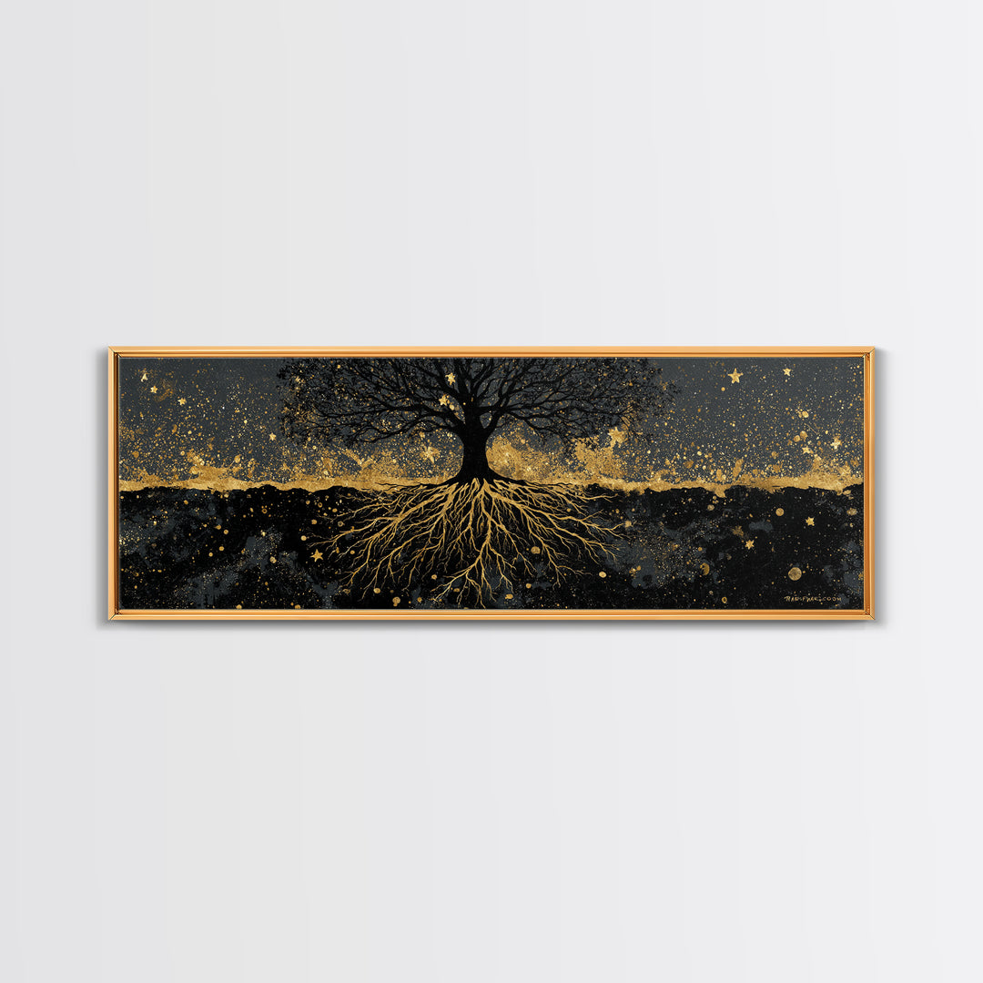 Nordic Tree of Life Yggdrasil Canvas Gold Art Canvas Art Norse Mythology Wall Decor, handcrafted in a premium real wood frame