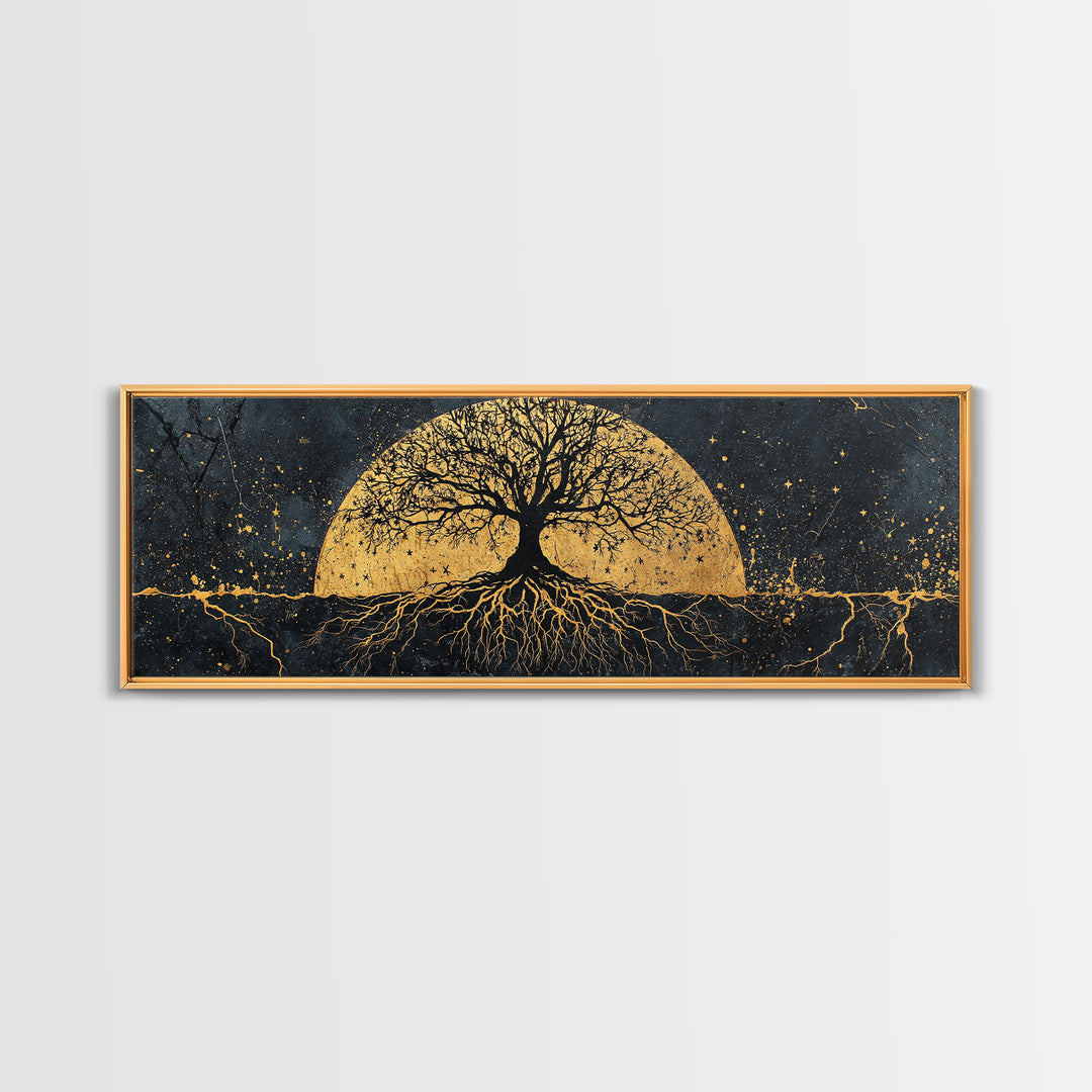 The World Tree Norse Yggdrasil Canvas Gold Art Canvas Art Cosmic Wall Decor for Office or Man Cave, framed in natural wood